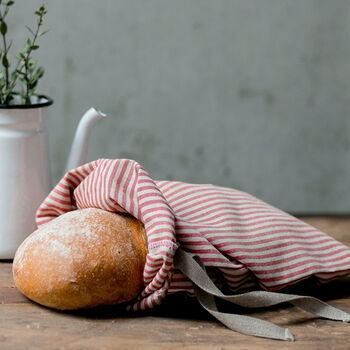 Reusable Natural Linen Bread Bag With Red Stripes, 3 of 4