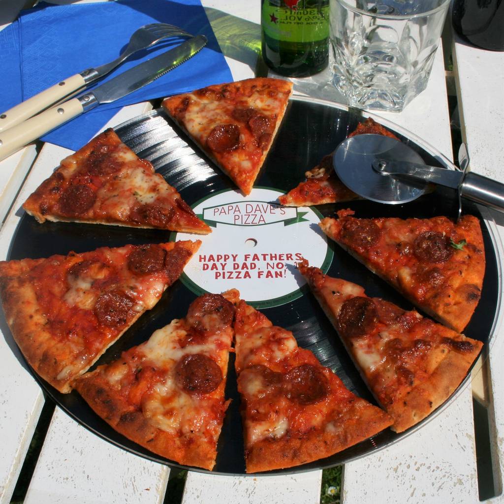 personalised vinyl record pizza board and cutter by mixpixie
