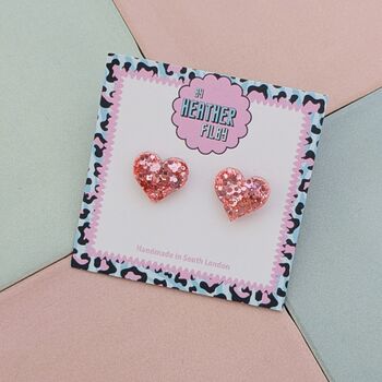 Love Heart Glitter Resin Stud Earrings Pink, Hot Pink, Red, Gold And Silver, 7 of 12