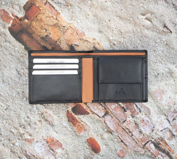 Personalised Mens Black And Tan Leather Wallet Rfid, 4 of 5