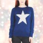 Christmas Jumper Women's Navy Blue With Silver Star Detail, thumbnail 1 of 4