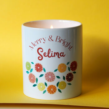 'Merry And Bright' Personalised Citrus Garland Ceramic Jar Candle, 3 of 4