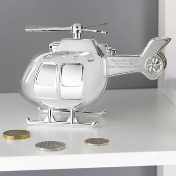 Personalised Money Box Silver Helicopter Gift For Boys And Girls, 5 of 5