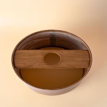 Tall Dark Walnut Table Lamp With A Wooden Light Shade, 9 of 11