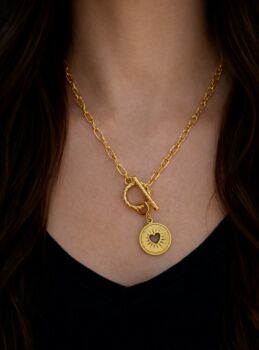 Detachable Heart Charm Necklace With T Bar Toggle 18 K Gold Textured Paperclip Chain, 2 of 6