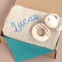 Personalised Beige Knitted Baby Blanket And Monkey Rattle Gift Set, thumbnail 8 of 12