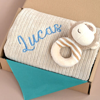 Personalised Beige Knitted Baby Blanket And Monkey Rattle Gift Set, 8 of 12
