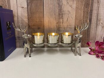 Silver Stag Triple Tealight Holder Metal And Glass Ornament Candle Holder, 7 of 8