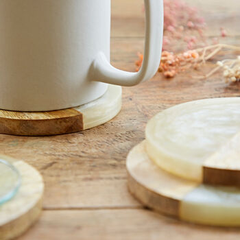 Set Of Four Round Mango Wood And Resin Coasters, 3 of 5