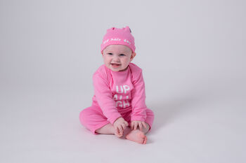 Baby Sleepsuit, Up All Night, Cotton Baby Grow, Gift Pink Or Grey, 7 of 9