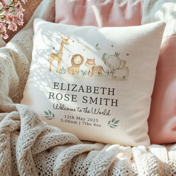Personalised Jungle Animals New Baby Cushion, 2 of 5