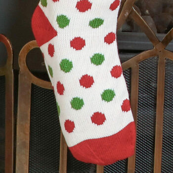 Personalised Polka Dot Knitted Stocking With Pom Poms, 9 of 9