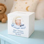 Personalised Sleeping Teddy Blue Wooden Money Box, thumbnail 1 of 3