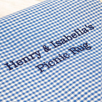 Personalised Blue And White Gingham Picnic Blanket, 4 of 9