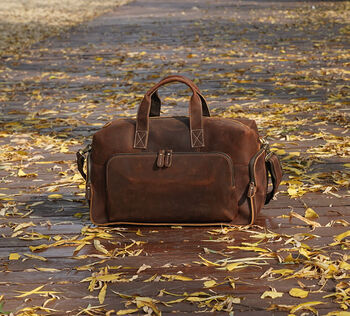 Genuine Leather Weekend Bag With Leather Straps Detail, 5 of 12