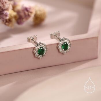 Sterling Silver Vintage Inspired Emerald Green Cz Halo Stud Earrings, 4 of 10