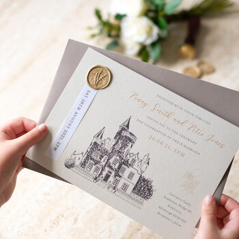 Illustrated Castle Wedding Invitation With Wax Seal, 2 of 9