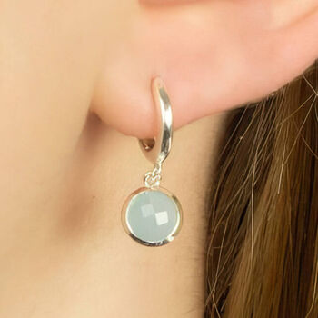 Sterling Silver Huggie Hoop Earrings With Round Seafoam Chalcedony Charms, 2 of 8