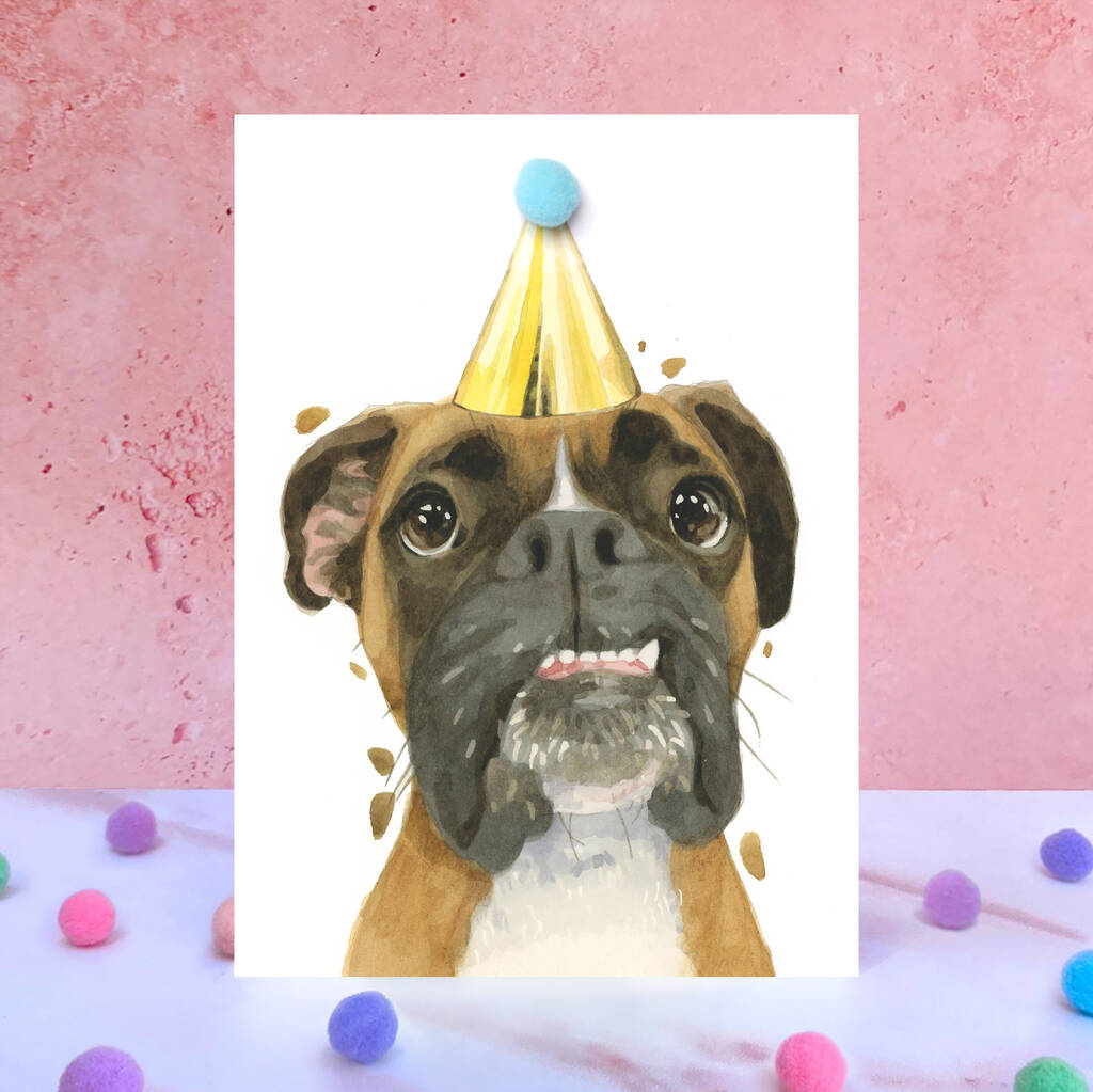 Boxer Dog Pompom Birthday Card