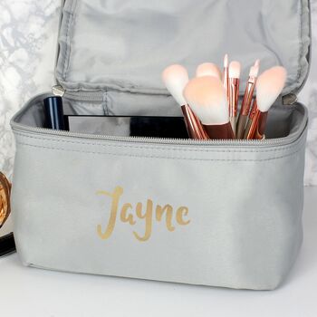 Personalised Gold Name Grey Makeup Wash Bag Vanity Case, 3 of 5