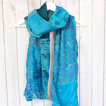Teal Blue Kantha Stitch Handmade Silk Scarf, 2 of 5