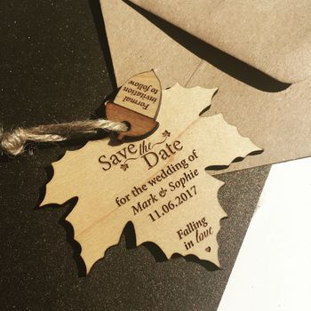 Autumn Leaf Hanging Wood Save The Date, 2 of 3