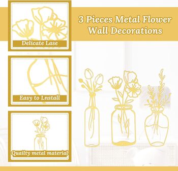 Three Pieces Gold Metal Vase Art Flower Wall Décor, 5 of 7