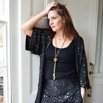 'Ziggy' Black And Gold Small Geo Print Viscose Palazzo Trousers, 4 of 5