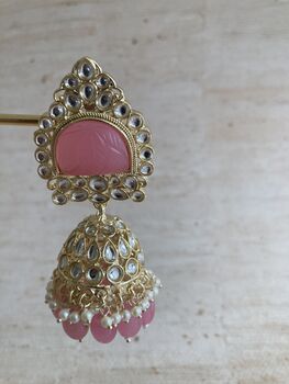 Pink Gold Kundan Jhumki Indian Earrings, 4 of 7