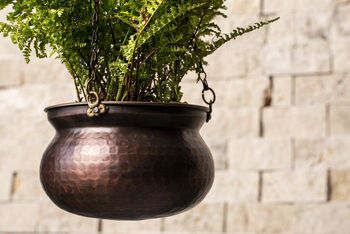Hammered Copper Hanging Planter – Brass Chain, 17cm, 2 of 8