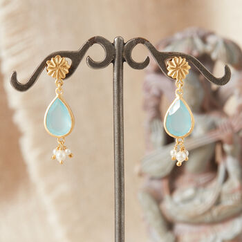 Aquamarine And Pearl Matt Gold Stud Drop Earrings, 5 of 10
