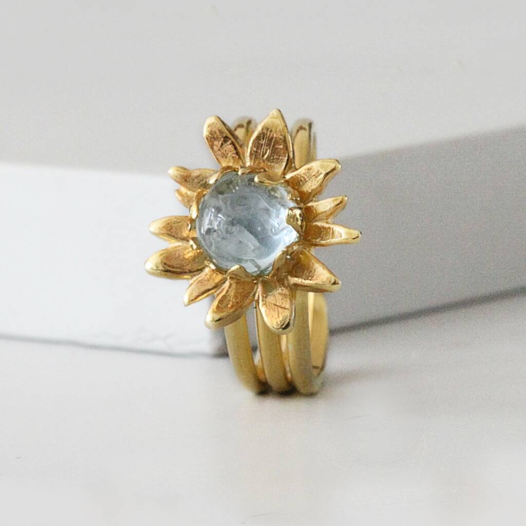 Gold Sunflower Ring With Blue Topaz By Amulette