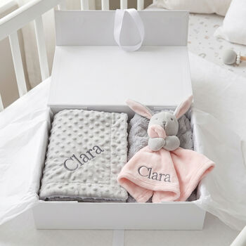 Personalised Grey Bobble Blanket And Pink Bunny Comforter Set, 3 of 8