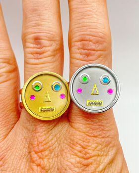 Statement Ring With Cute Robot Faces In Gold Or Silver, 8 of 10