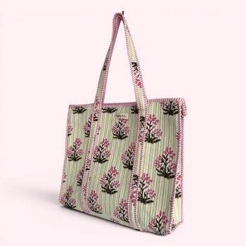 Pink And Green Stripe And Floral Cotton Quilted Tote Bag, 3 of 5