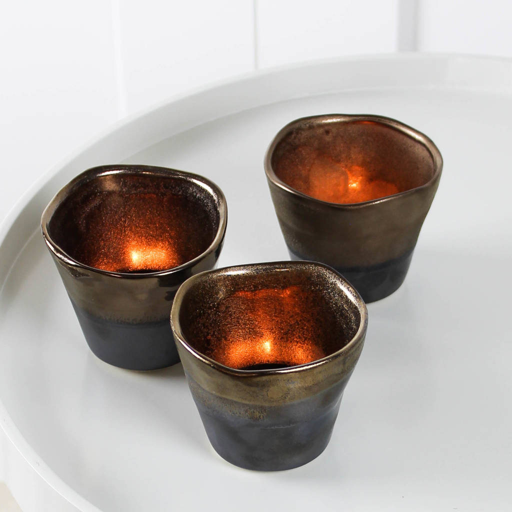 set of three metallic t light holders by marquis & dawe