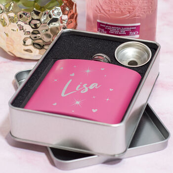 Personalised Name Stars And Hearts Pink Hip Flask, 2 of 3