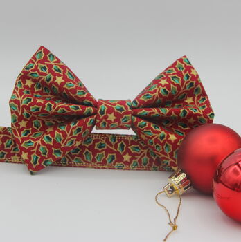 Red And Gold Holly Christmas Dog Bow Tie, 2 of 12