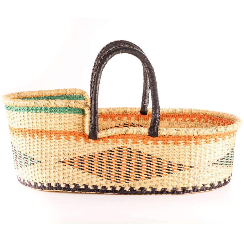 Colourful Handwoven Moses Basket, Mattress And Sheet By The Basket Room