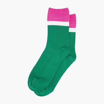 Glitter Mid Calf Ribbed Cotton Boot Socks Contrast Cuff Green Pink, 2 of 3