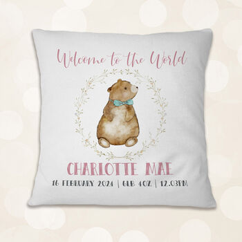 Bear Themed Personalised Newborn Cushion, 2 of 5