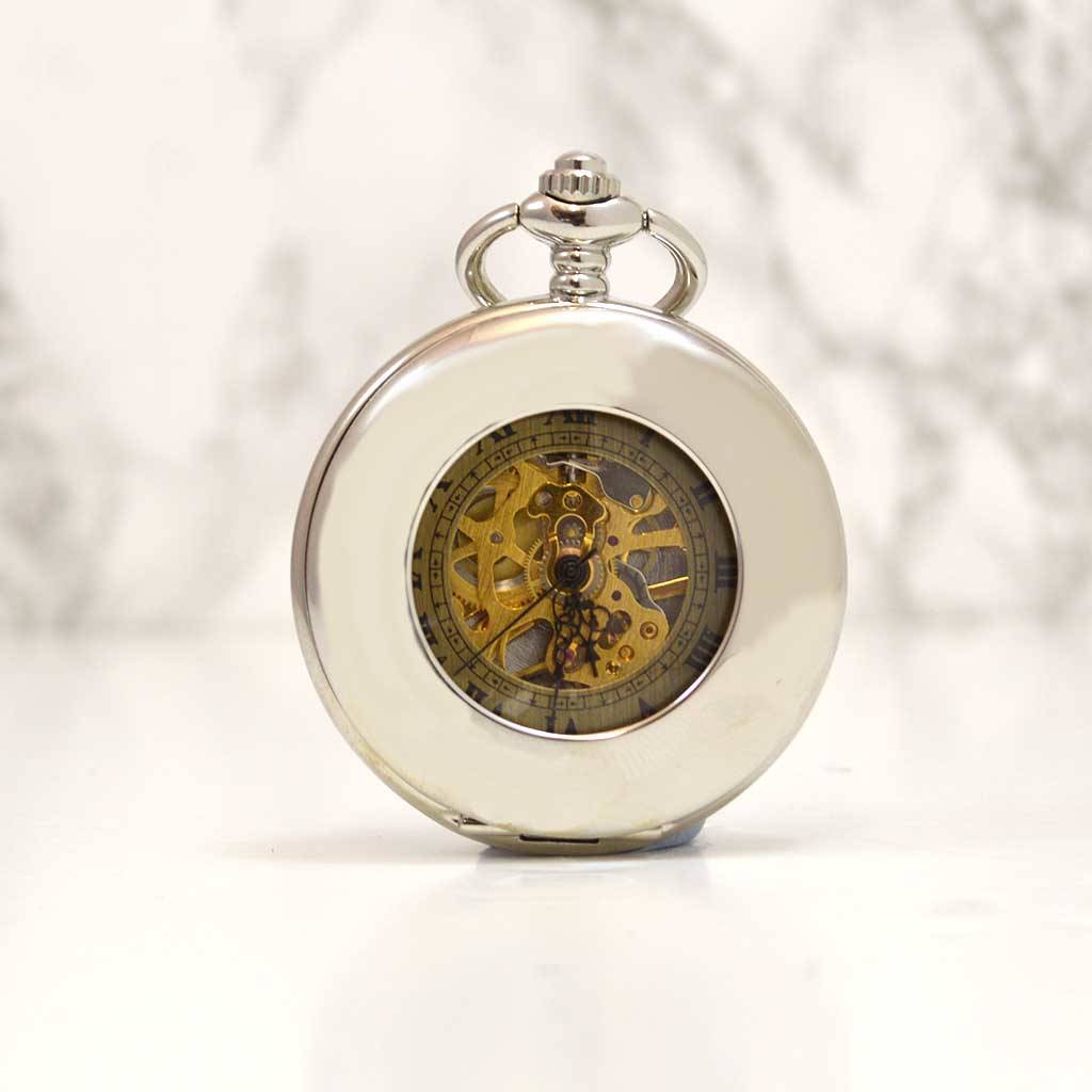 Engraved Skeleton Pocket Watch With Windowed Lid By