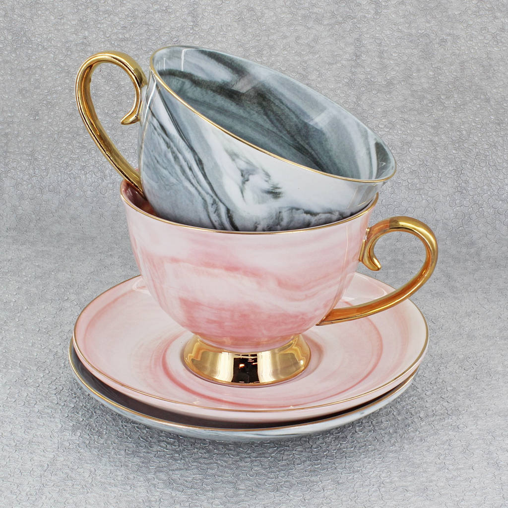 Marble Effect Cup And Saucer Pink Or Grey Finish By G Decor
