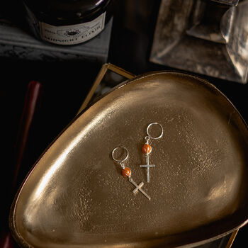 Mini Silver Hoop And Orange Aventurine Cross Earrings, 2 of 4