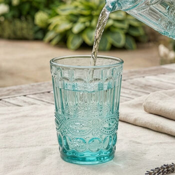 Set Of Four Embossed Turquoise Glass Tumblers, 3 of 7