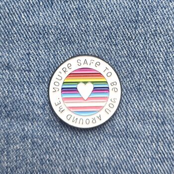 Safe With Me Lgbtq+ Round Enamel Pin Badge, 3 of 5