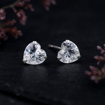 Sterling Silver Small Cubic Zirconia Heart Stud Earrings, 2 of 9