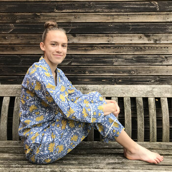 Cotton Block Print Pyjamas Blue And Yellow Floral, 2 of 5