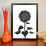 Single Sunflower Black And White Linocut Art Print, thumbnail 4 of 4
