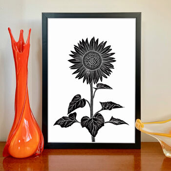 Single Sunflower Black And White Linocut Art Print, 4 of 4
